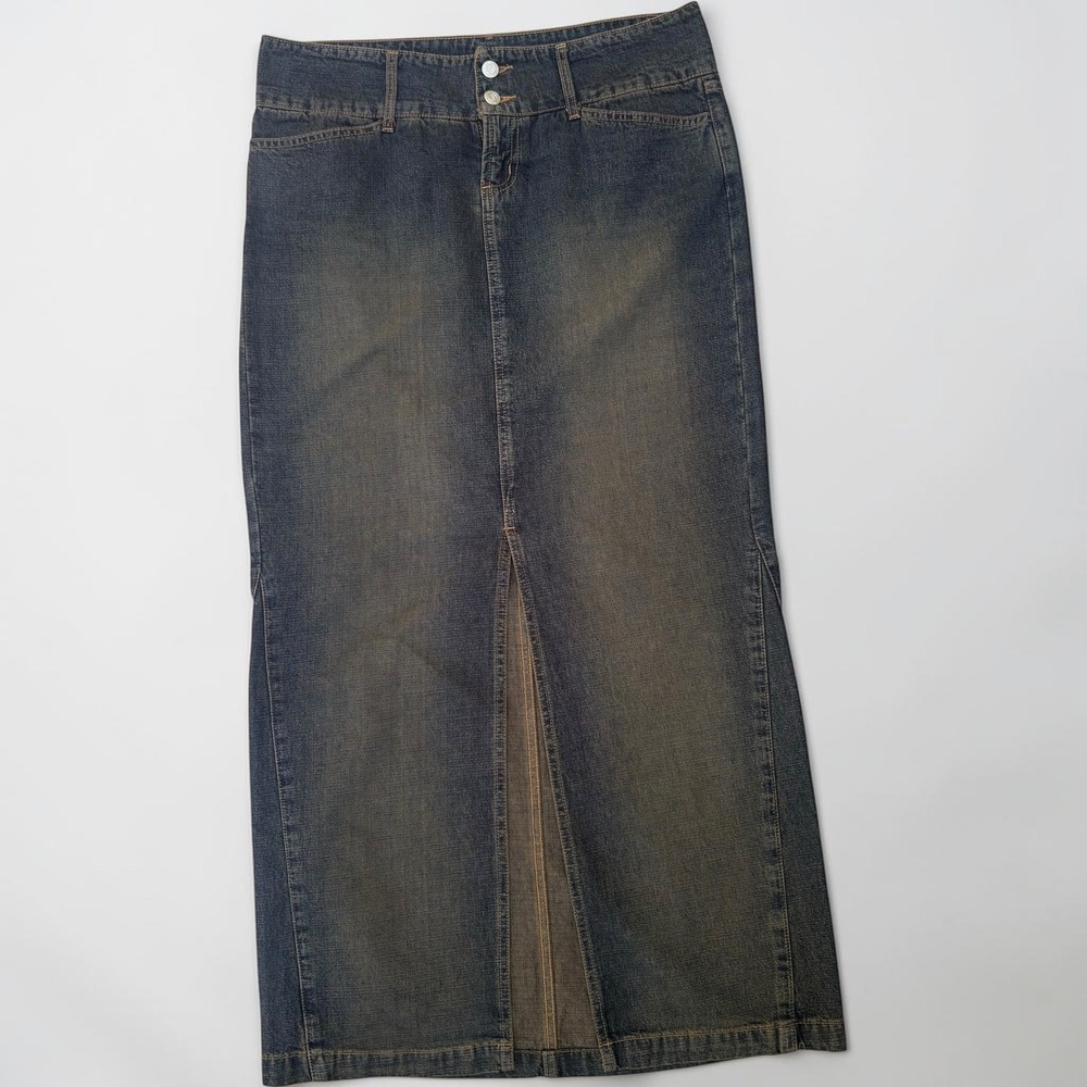 VTG Paris Blues Denim Maxi Skirt 11 Blue Y2K Front Slit Long Jean Skirt Grunge